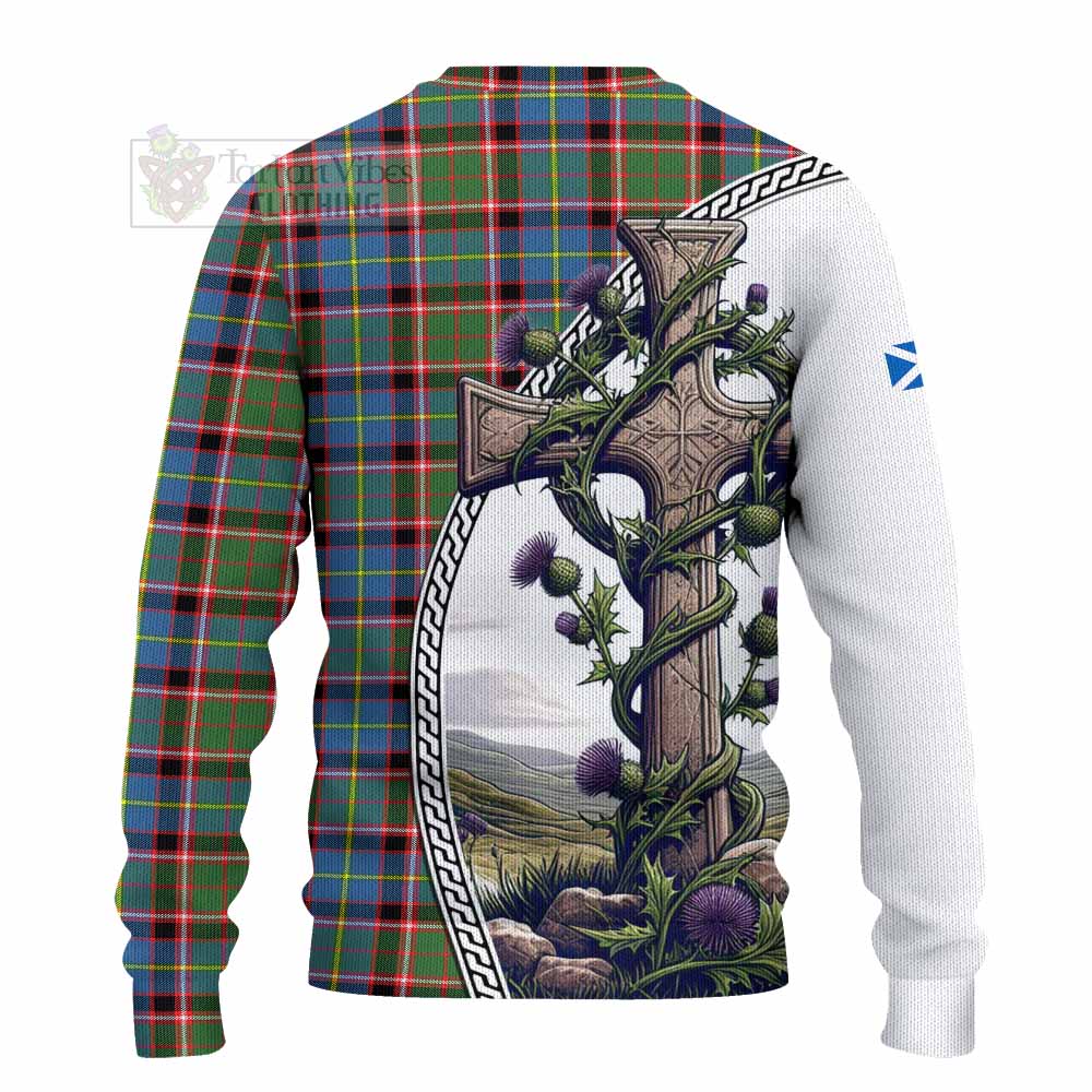 Norvel Tartan Knitted Sweater with Family Crest and St. Andrew's Cross Accented by Thistle Vines - Tartan Vibes Clothing