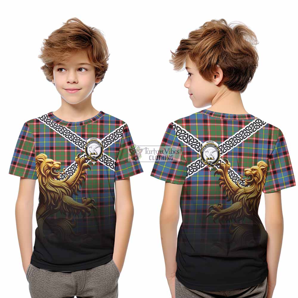 Norvel Crest Tartan Kid T-Shirt with Golden Lion Emblem Celtic Style - Tartan Vibes Clothing
