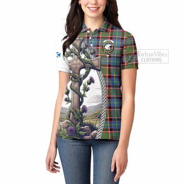 Norvel Tartan Women's Polo Shirt with Family Crest and St. Andrew's Cross Accented by Thistle Vines - Tartan Vibes Clothing
