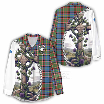 Tartan Vibes Clothing Norvel Tartan Women's Casual Shirt with Family Crest and St. Andrew's Cross Accented by Thistle Vines