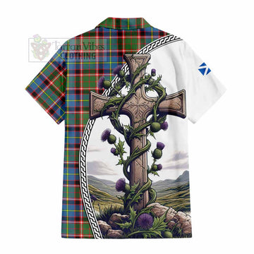 Norvel Tartan Hawaiian Shirt with Family Crest and St. Andrew's Cross Accented by Thistle Vines - Tartan Vibes Clothing