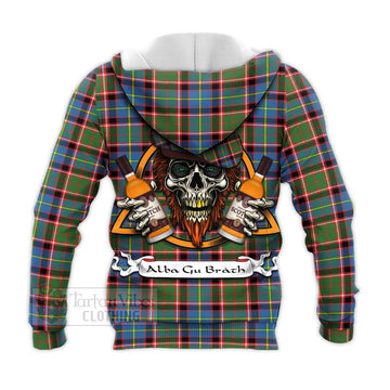 Norvel Tartan Knitted Hoodie with Family Crest and Bearded Skull Holding Bottles of Whiskey - Tartan Vibes Clothing