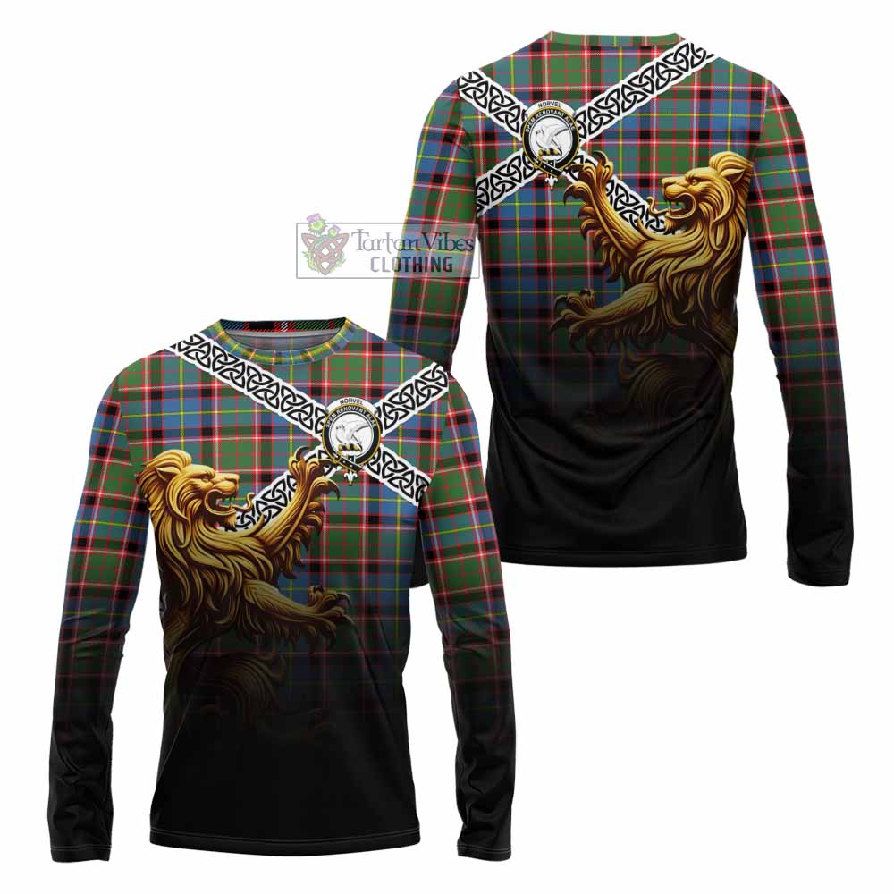 Norvel Crest Tartan Long Sleeve T-Shirt with Golden Lion Emblem Celtic Style - Tartan Vibes Clothing