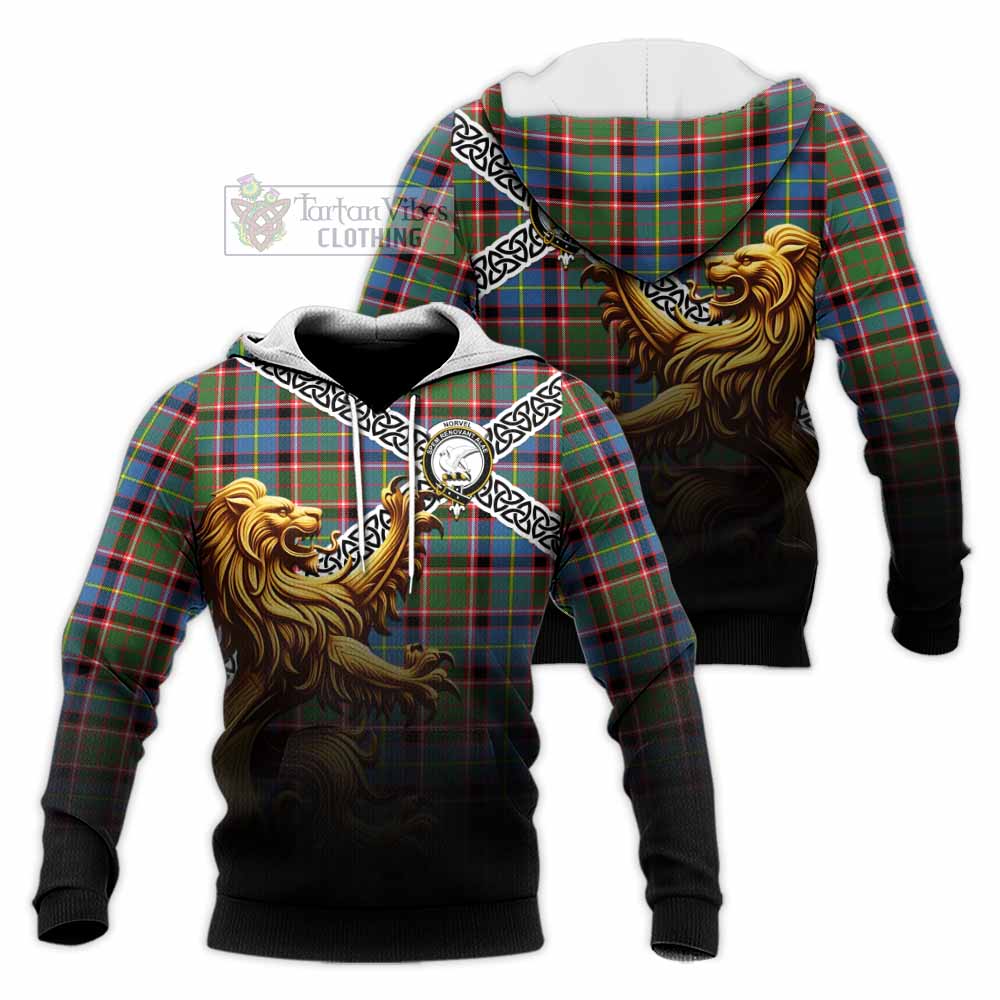 Norvel Crest Tartan Knitted Hoodie with Golden Lion Emblem Celtic Style - Tartan Vibes Clothing