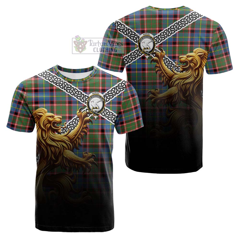 Norvel Crest Tartan Cotton T-shirt with Golden Lion Emblem Celtic Style - Tartan Vibes Clothing