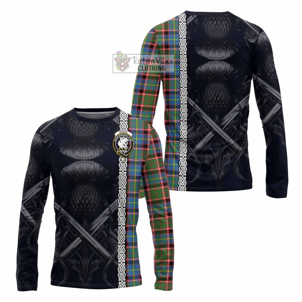 Norvel Tartan Long Sleeve T-Shirt with Family Crest Cross Sword Thistle Celtic Vibes - Tartan Vibes Clothing