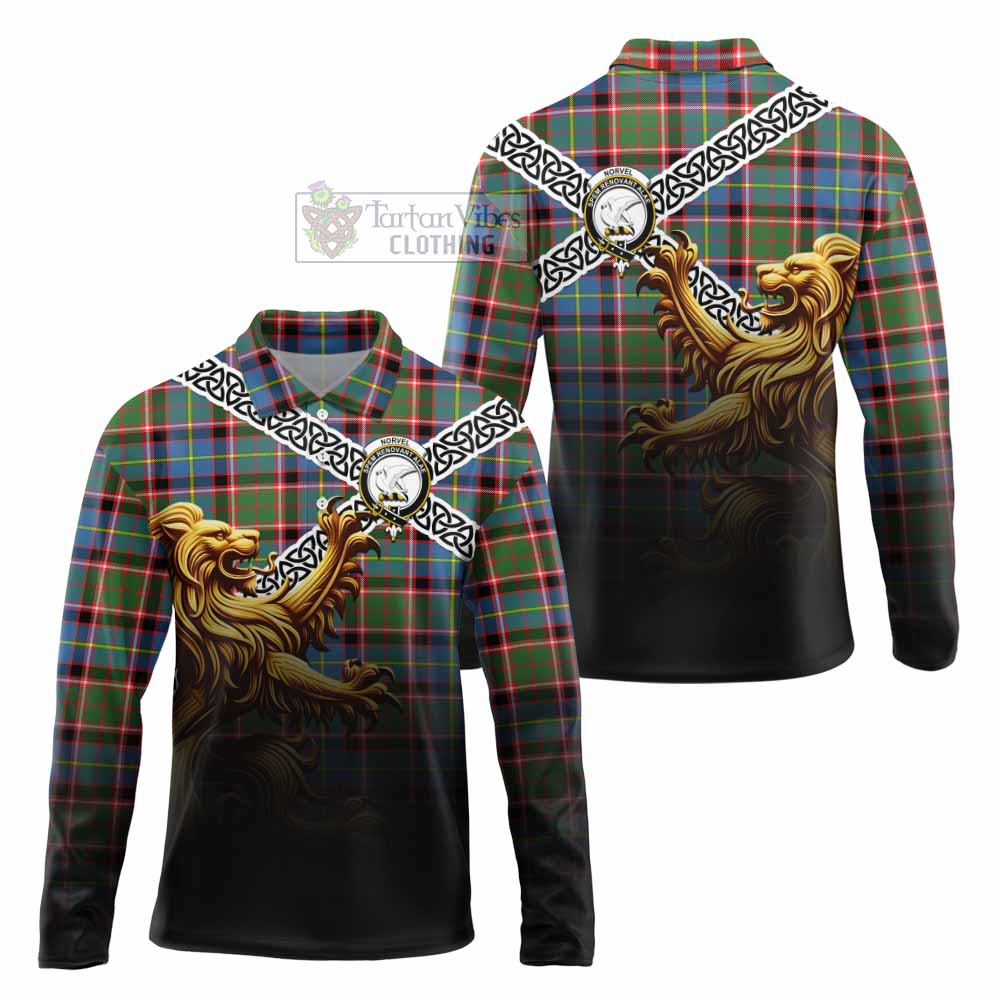 Norvel Crest Tartan Long Sleeve Polo Shirt with Golden Lion Emblem Celtic Style - Tartan Vibes Clothing