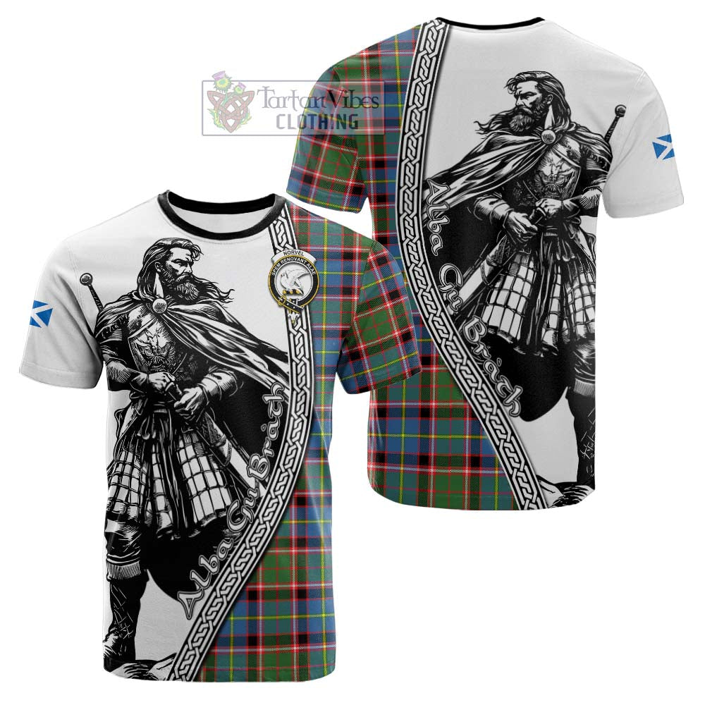 Norvel Tartan Clan Crest Cotton T-shirt with Highlander Warrior Celtic Style - Tartan Vibes Clothing