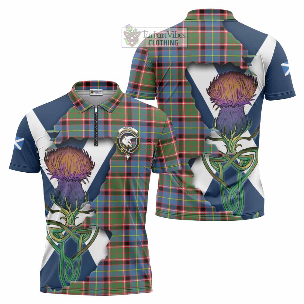 Norvel Tartan Family Crest Zipper Polo Shirt Scottish Thistle Celtic Inspired - Tartan Vibes Clothing