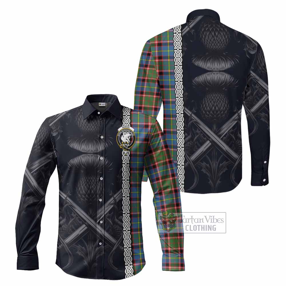 Tartan Vibes Clothing Norvel Tartan Long Sleeve Button Shirt with Family Crest Cross Sword Thistle Celtic Vibes