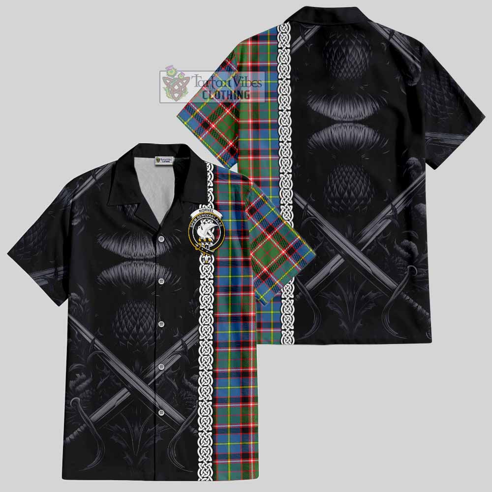 Norvel Tartan Hawaiian Shirt with Family Crest Cross Sword Thistle Celtic Vibes - Tartan Vibes Clothing