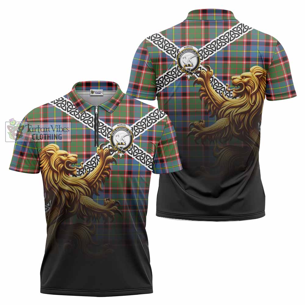 Norvel Crest Tartan Zipper Polo Shirt with Golden Lion Emblem Celtic Style - Tartan Vibes Clothing