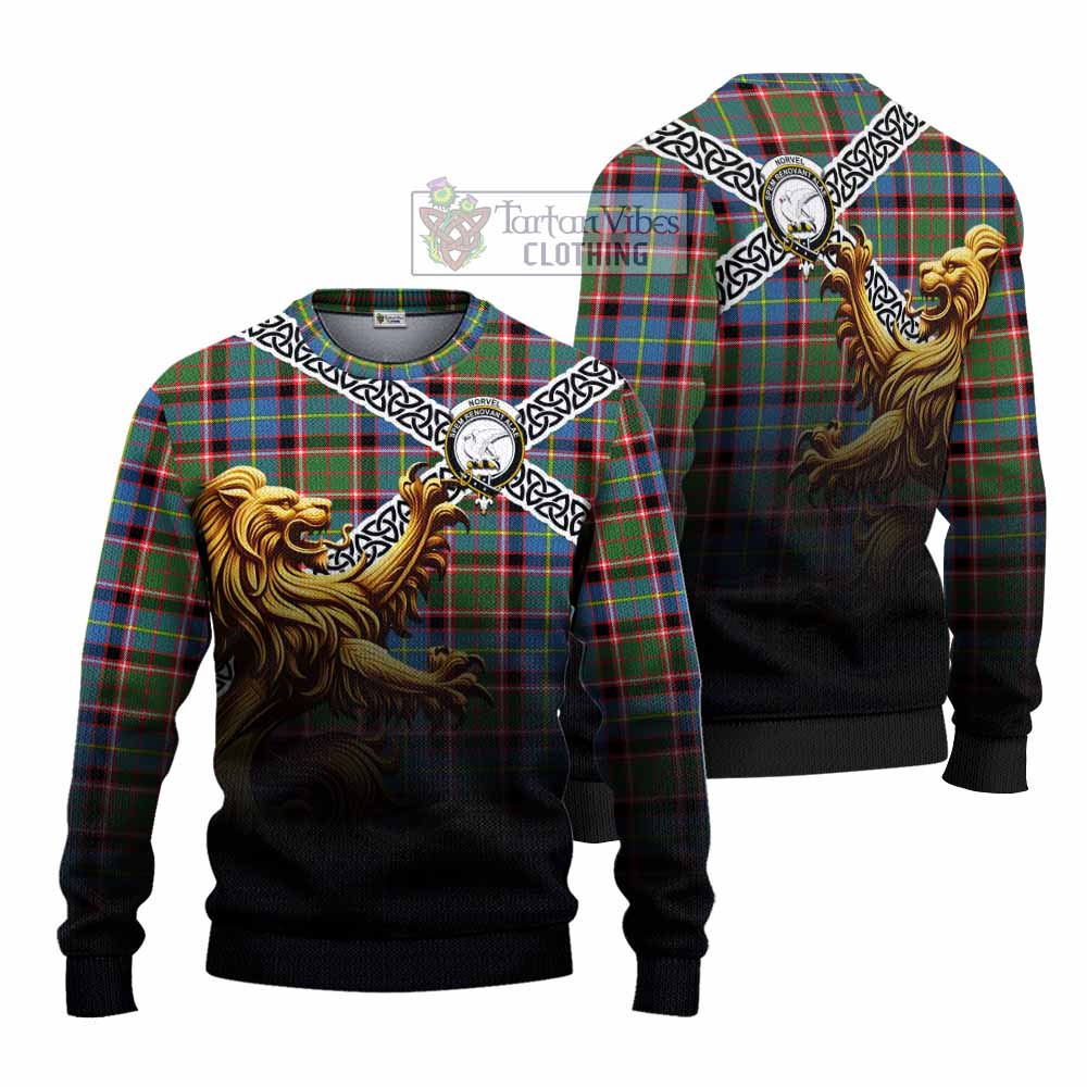 Norvel Crest Tartan Knitted Sweater with Golden Lion Emblem Celtic Style - Tartan Vibes Clothing