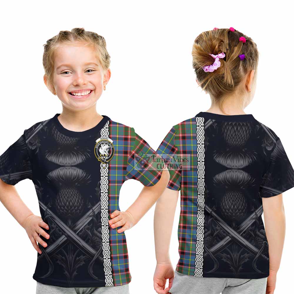 Norvel Tartan Kid T-Shirt with Family Crest Cross Sword Thistle Celtic Vibes - Tartan Vibes Clothing