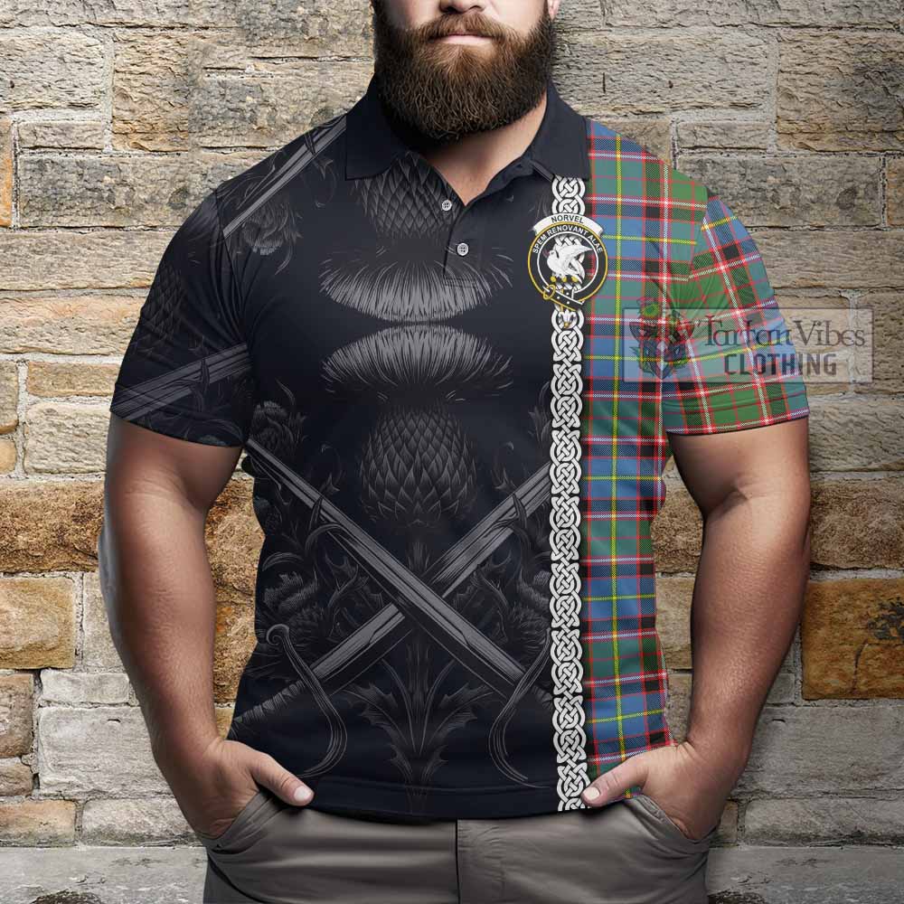 Norvel Tartan Polo Shirt with Family Crest Cross Sword Thistle Celtic Vibes - Tartan Vibes Clothing