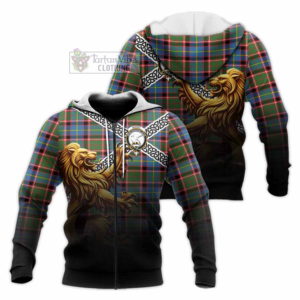 Norvel Crest Tartan Knitted Hoodie with Golden Lion Emblem Celtic Style Unisex Knitted Zip Hoodie - Tartan Vibes Clothing