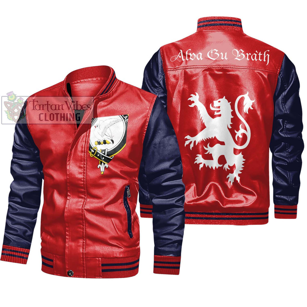 Norvel Family Crest Leather Bomber Jacket Lion Rampant Alba Gu Brath Style Red - Navy Unisex - 2D-tartanvibesclothing