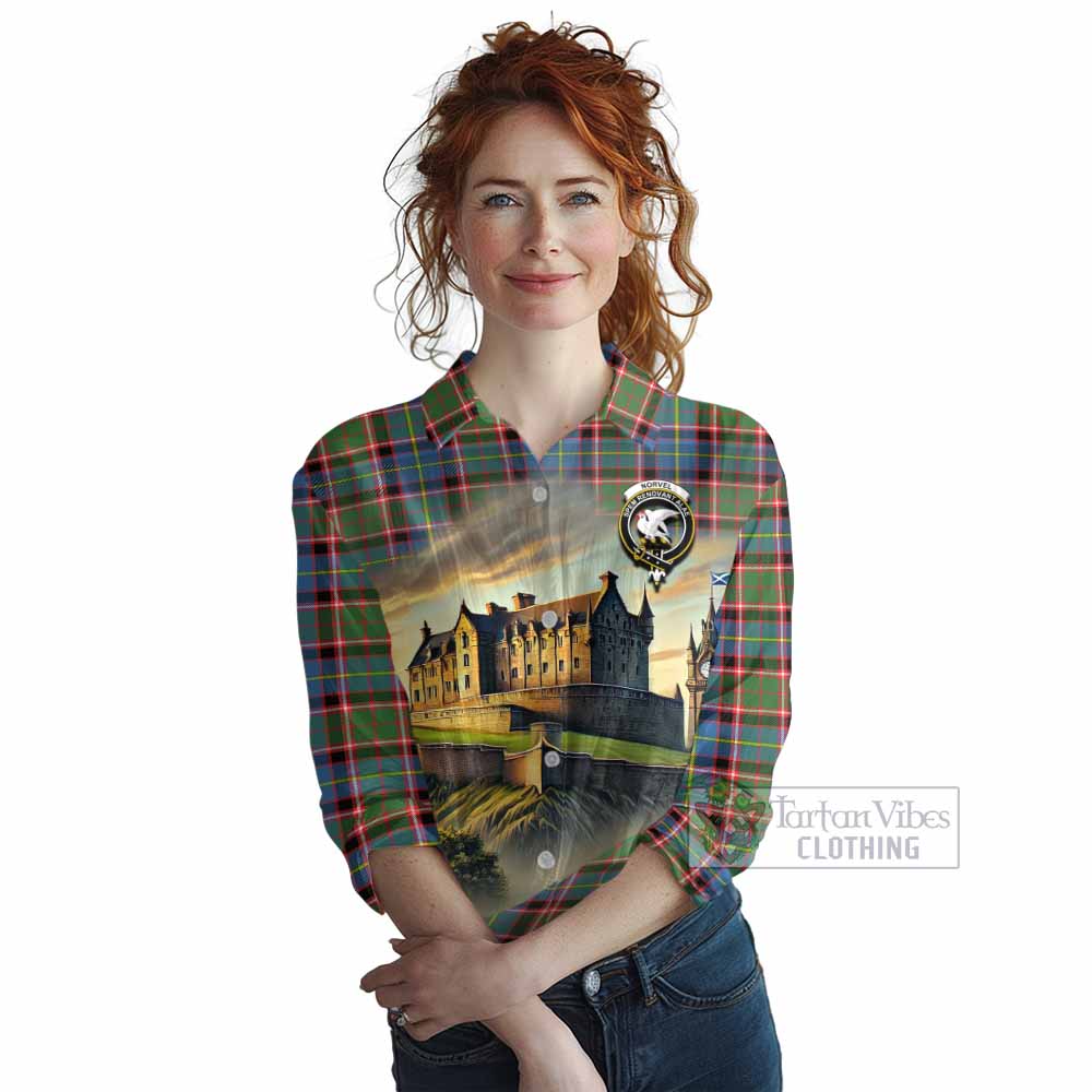 Norvel Tartan Family Crest Women's Casual Shirt with Scottish Ancient Castle Style - Tartan Vibes Clothing