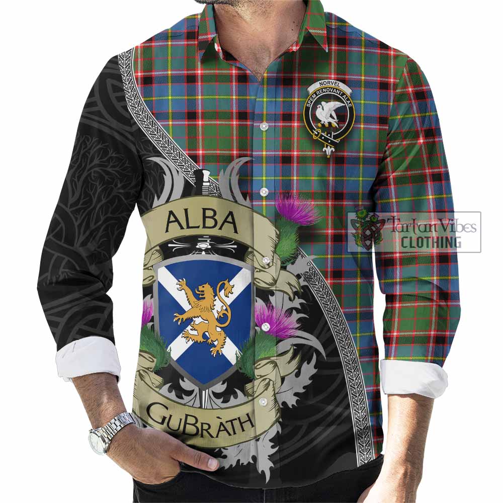 Norvel Tartan Family Crest Long Sleeve Button Shirt Lion Rampant Royal Thistle Shield Celtic Inspired - Tartan Vibes Clothing