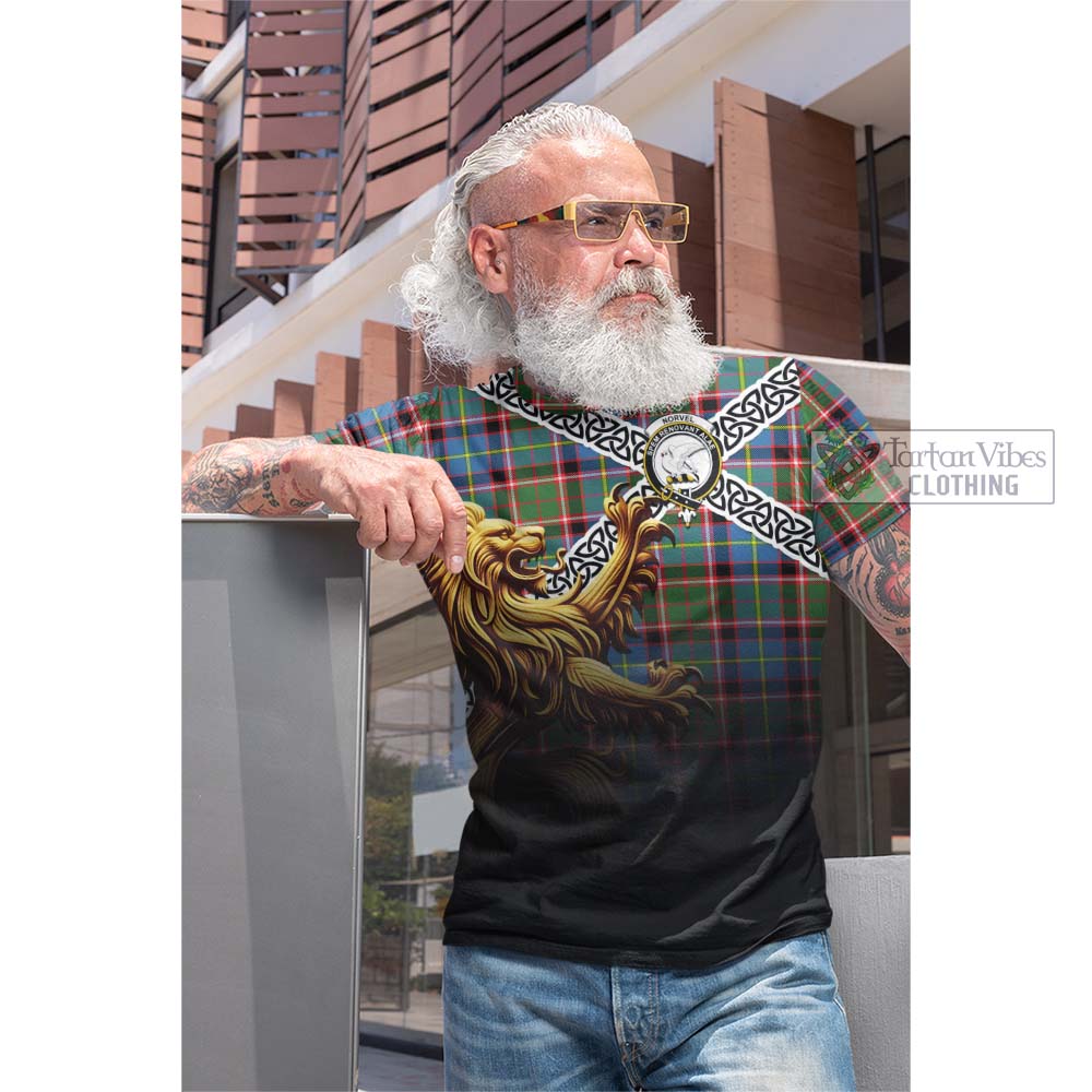 Norvel Crest Tartan Cotton T-shirt with Golden Lion Emblem Celtic Style - Tartan Vibes Clothing