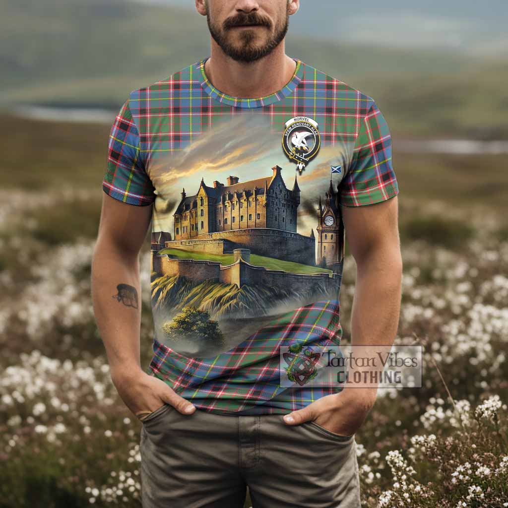 Norvel Tartan Family Crest T-Shirt with Scottish Ancient Castle Style - Tartan Vibes Clothing