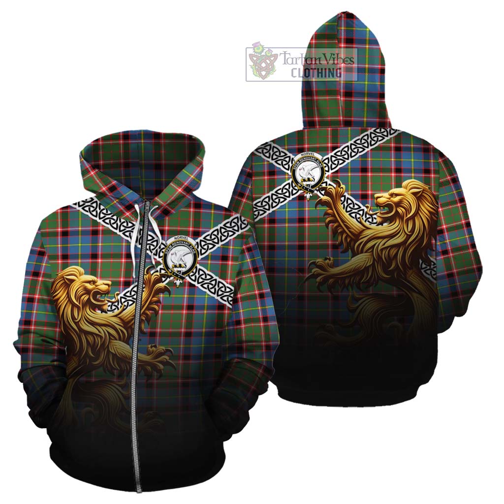 Norvel Crest Tartan Cotton Hoodie with Golden Lion Emblem Celtic Style Zip Hoodie - Tartan Vibes Clothing