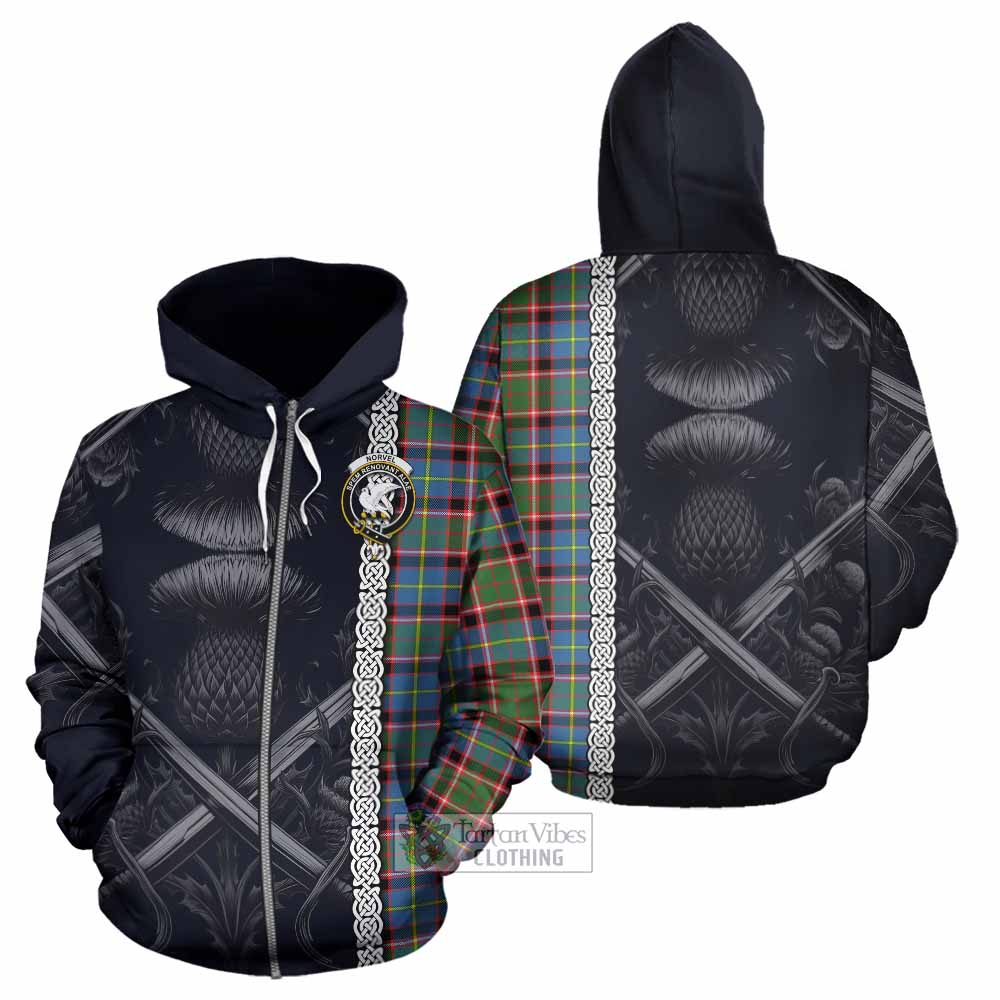 Norvel Tartan Hoodie with Family Crest Cross Sword Thistle Celtic Vibes Zip Hoodie - Tartan Vibes Clothing
