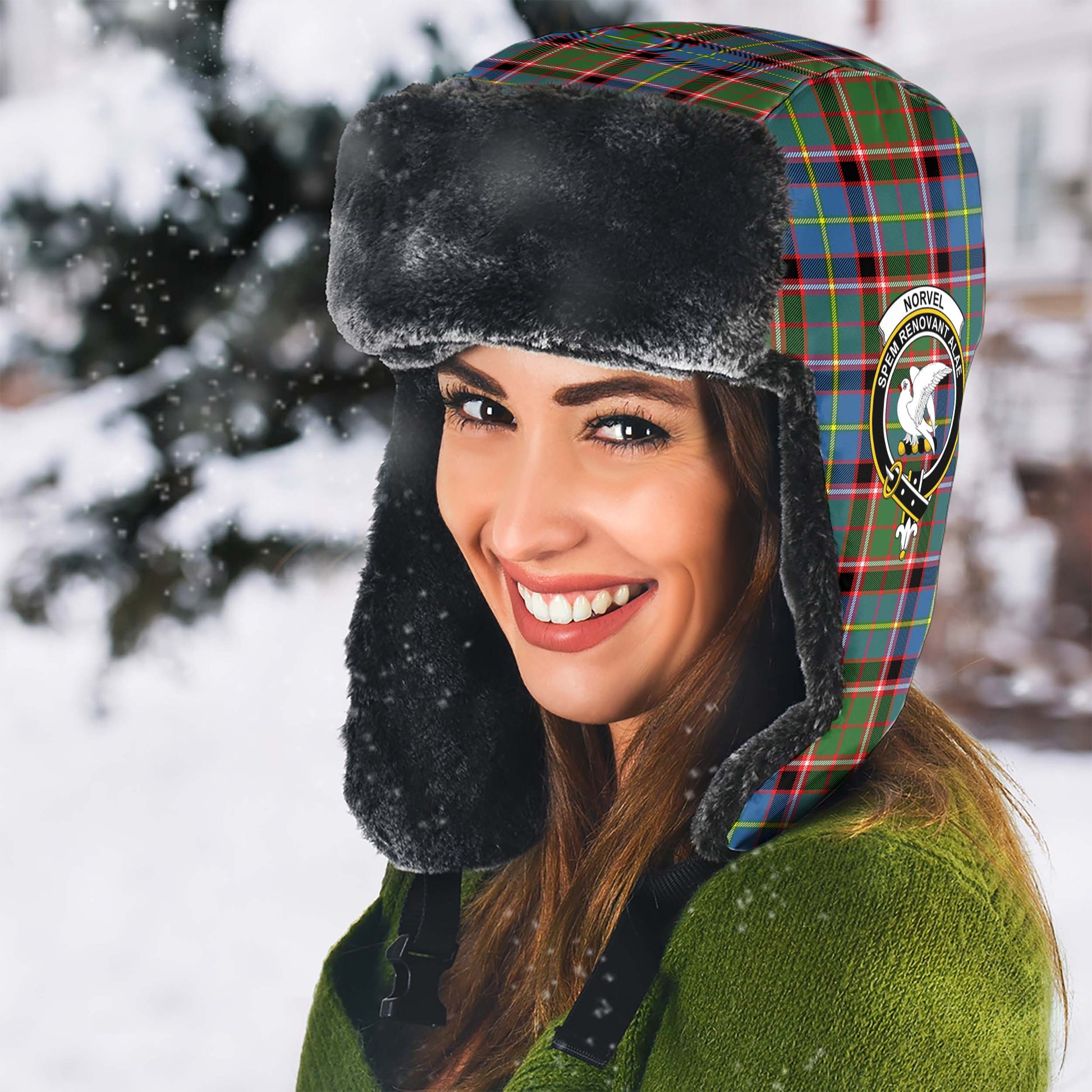 Norvel Tartan Winter Trapper Hat with Family Crest - Tartan Vibes Clothing