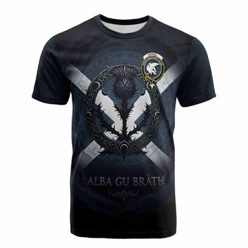 Norvel Clan Crest Cotton T-shirt with Celtic Knot Thistle and Saltire