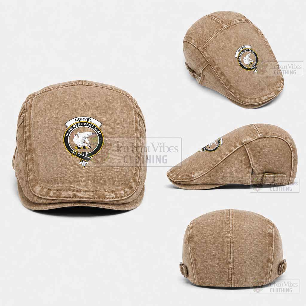 Norvel Scottish Clan Crest Washed Flat Cap - Unisex Jeff Cap One Size (Adjustable) Khaki - Tartan Vibes Clothing