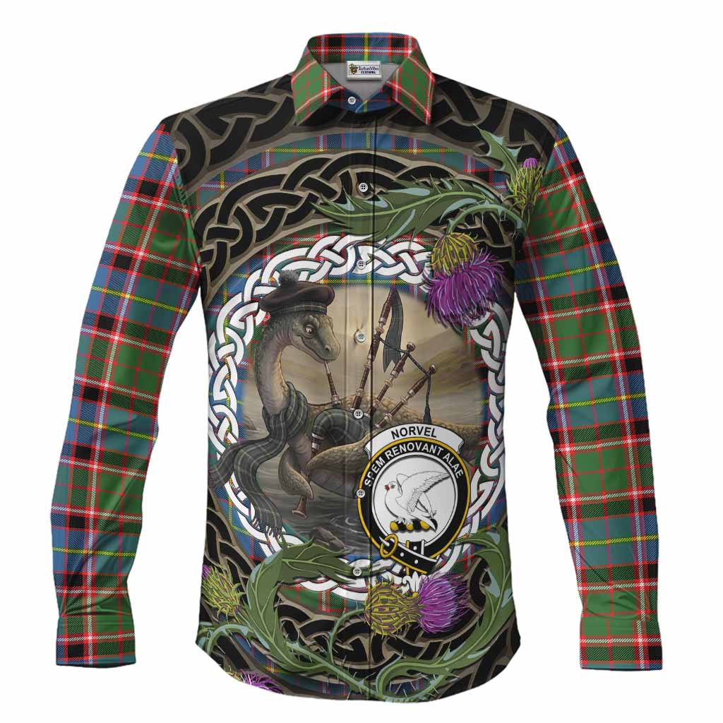 Norvel Tartan Crest Bagpipe Nessie Long Sleeve Button Shirts Scottish Loch Ness Monster Celtic Thistle