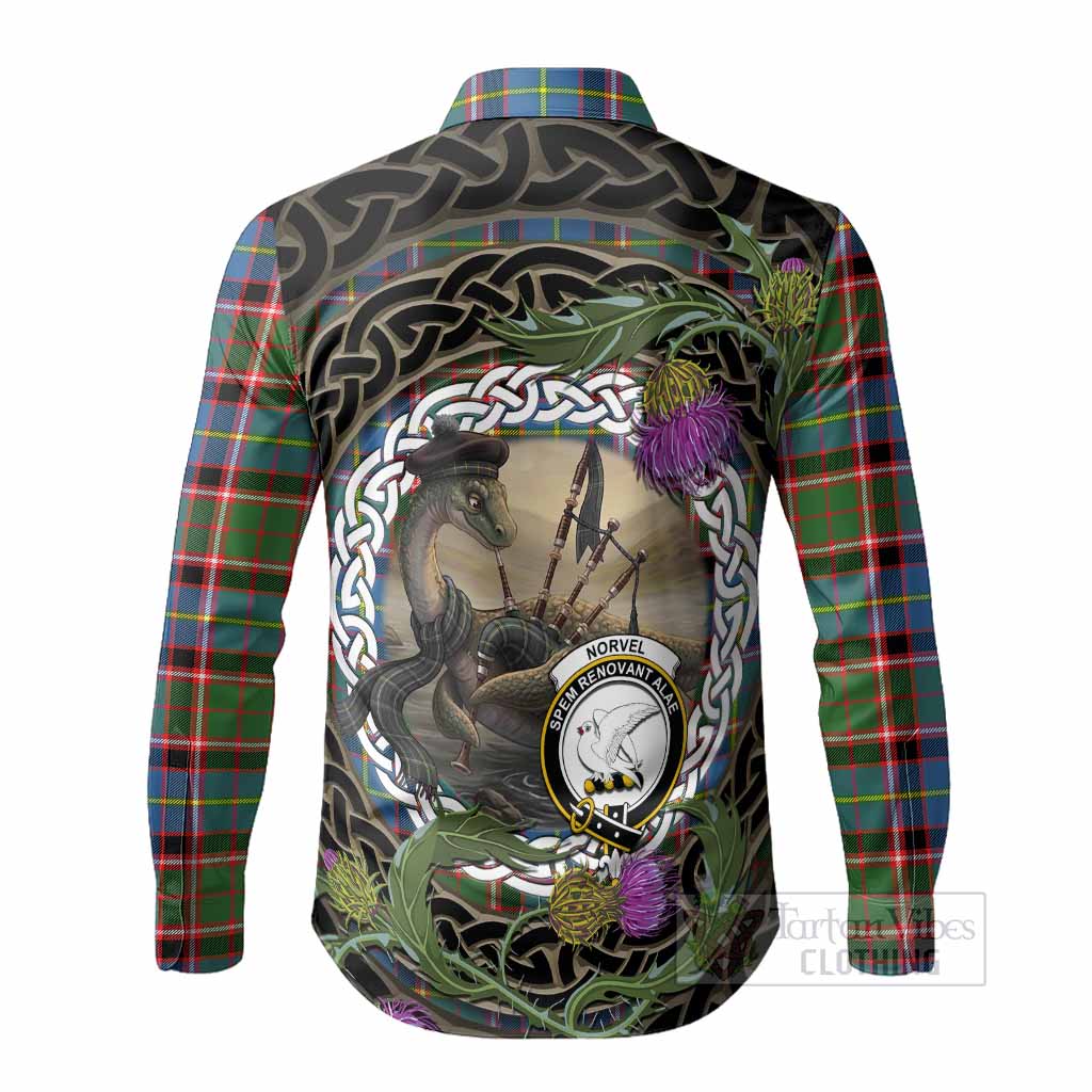 Norvel Tartan Crest Bagpipe Nessie Long Sleeve Button Shirts Scottish Loch Ness Monster Celtic Thistle