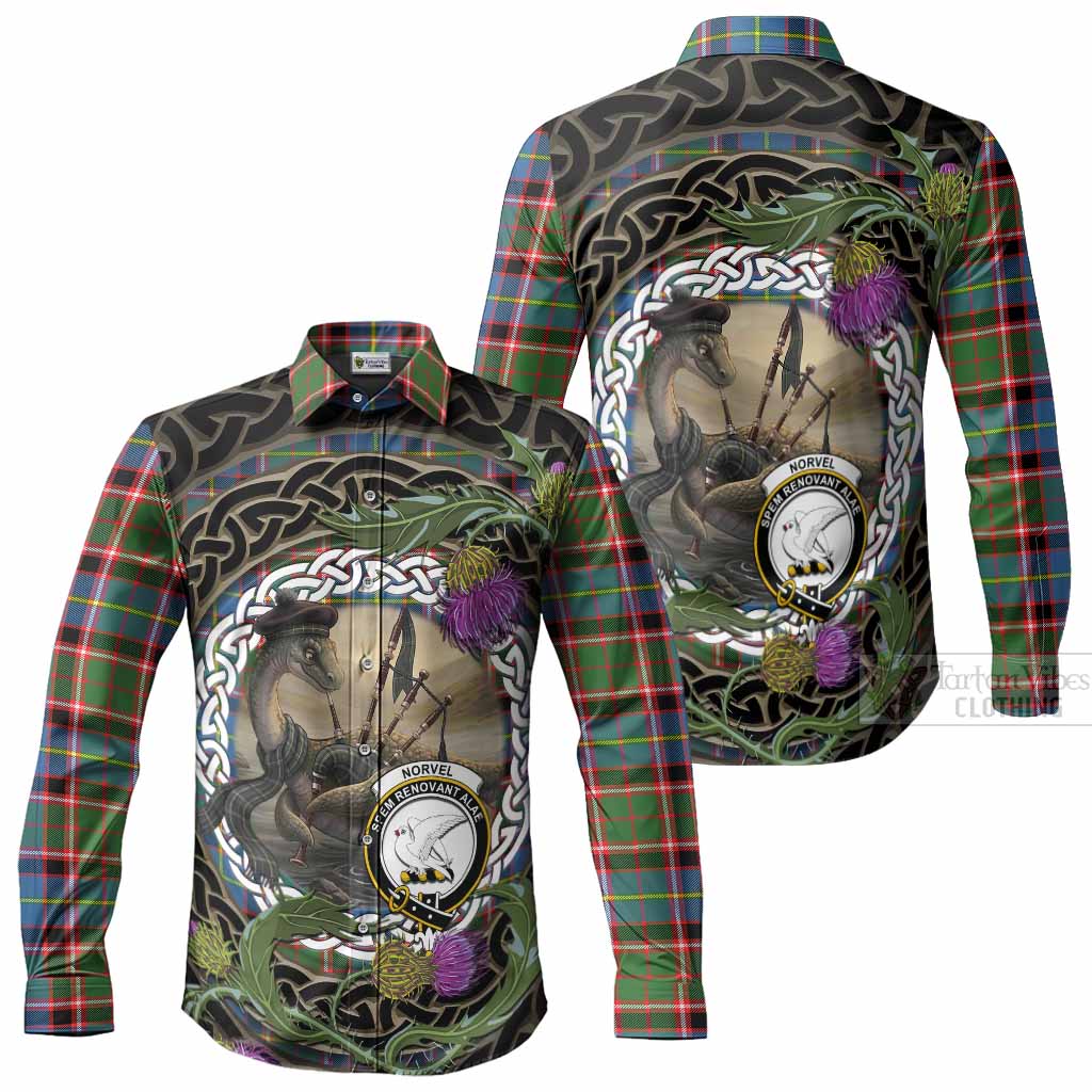 Norvel Tartan Crest Bagpipe Nessie Long Sleeve Button Shirts Scottish Loch Ness Monster Celtic Thistle