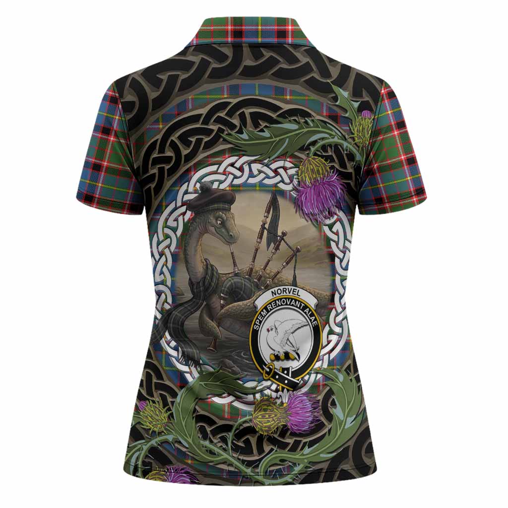 Norvel Tartan Crest Bagpipe Nessie Women Polo Shirt Scottish Loch Ness Monster Celtic Thistle