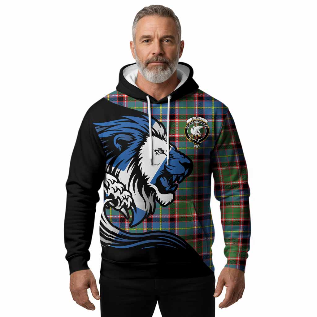 Norvel Tartan Crest Hoodie Scottish Golden Lions Wave Flow