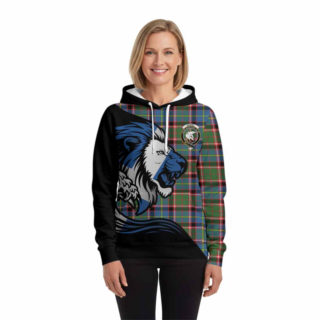 Norvel Tartan Crest Hoodie Scottish Golden Lions Wave Flow