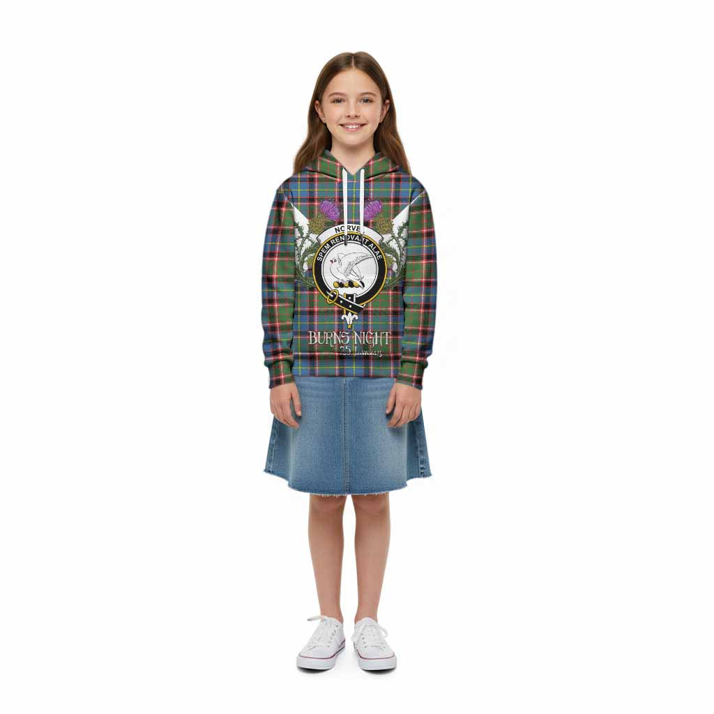 Norvel Tartan Family Crest Kid Hoodie Scottish Burns Night Thistle Floral
