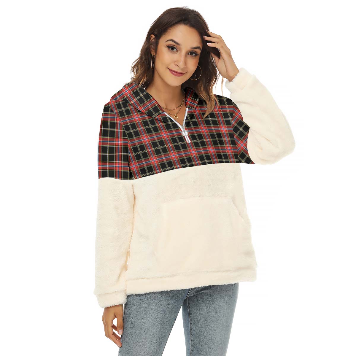 Norwegian Night Tartan Half Style Women's Borg Fleece Hoodie with Half Zip Female - Tartan Vibes Clothing