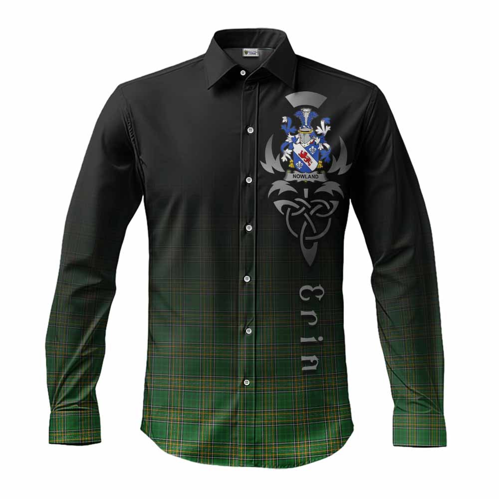 Tartan Vibes Clothing Nowland Irish Clan Long Sleeve Button Shirt with Coat of Arms Erin Go Bragh Celtic Inspired