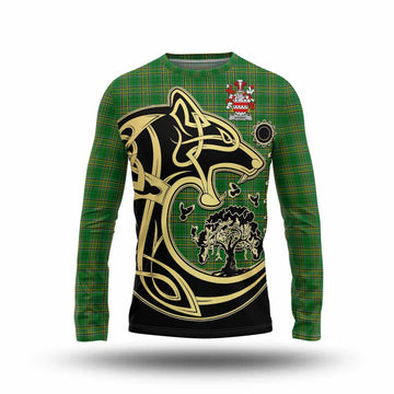 Nugent Irish Tartan Long Sleeve T-Shirt with Coat of Arms Celtic Wolf Style