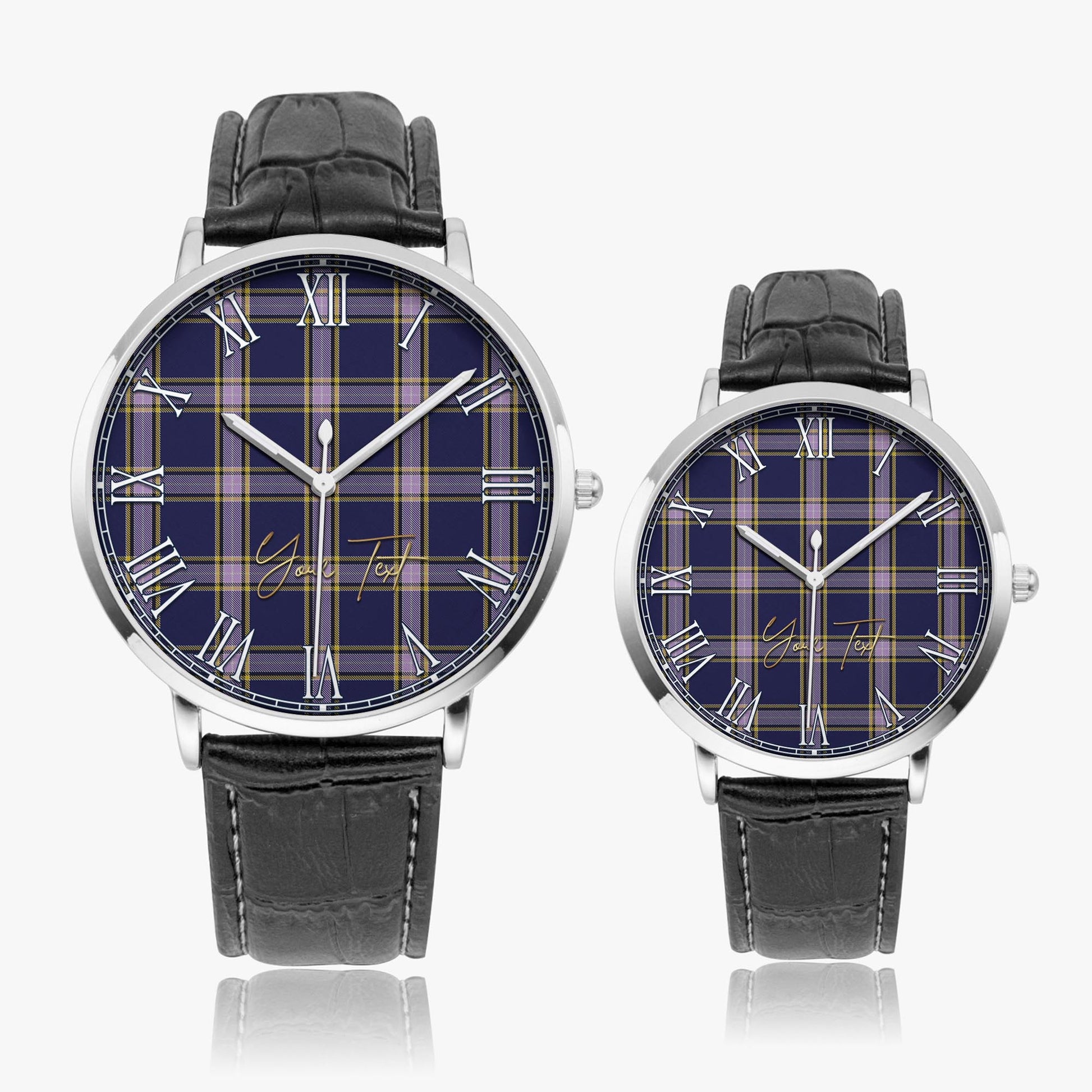 Nunavut Territory Canada Tartan Personalized Your Text Leather Trap Quartz Watch Ultra Thin Silver Case With Black Leather Strap - Tartanvibesclothing