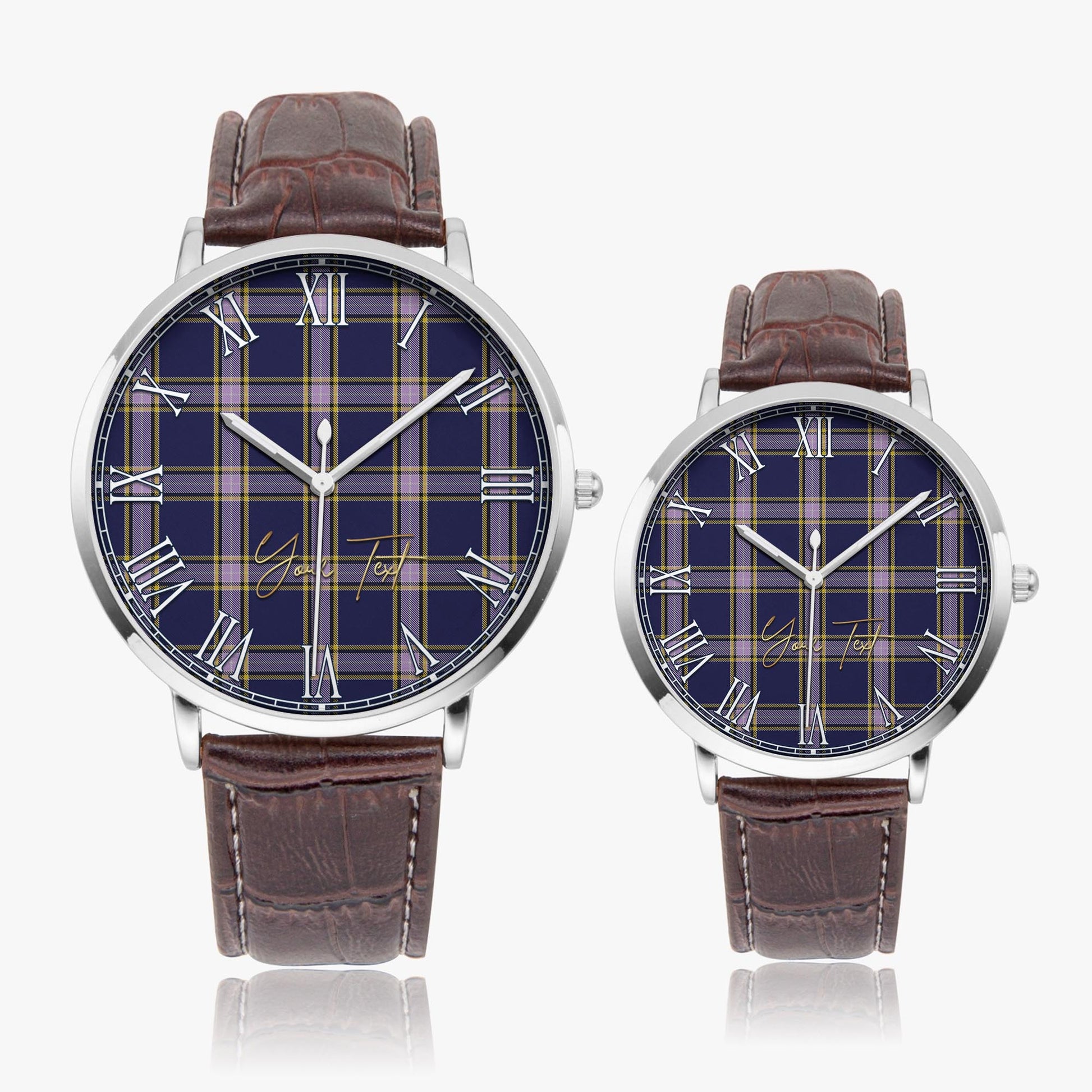 Nunavut Territory Canada Tartan Personalized Your Text Leather Trap Quartz Watch Ultra Thin Silver Case With Brown Leather Strap - Tartanvibesclothing
