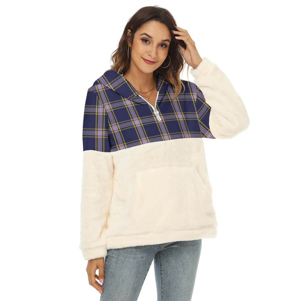Nunavut Territory Canada Tartan Women's Borg Fleece Hoodie With Half Zip Female - Tartan Vibes Clothing