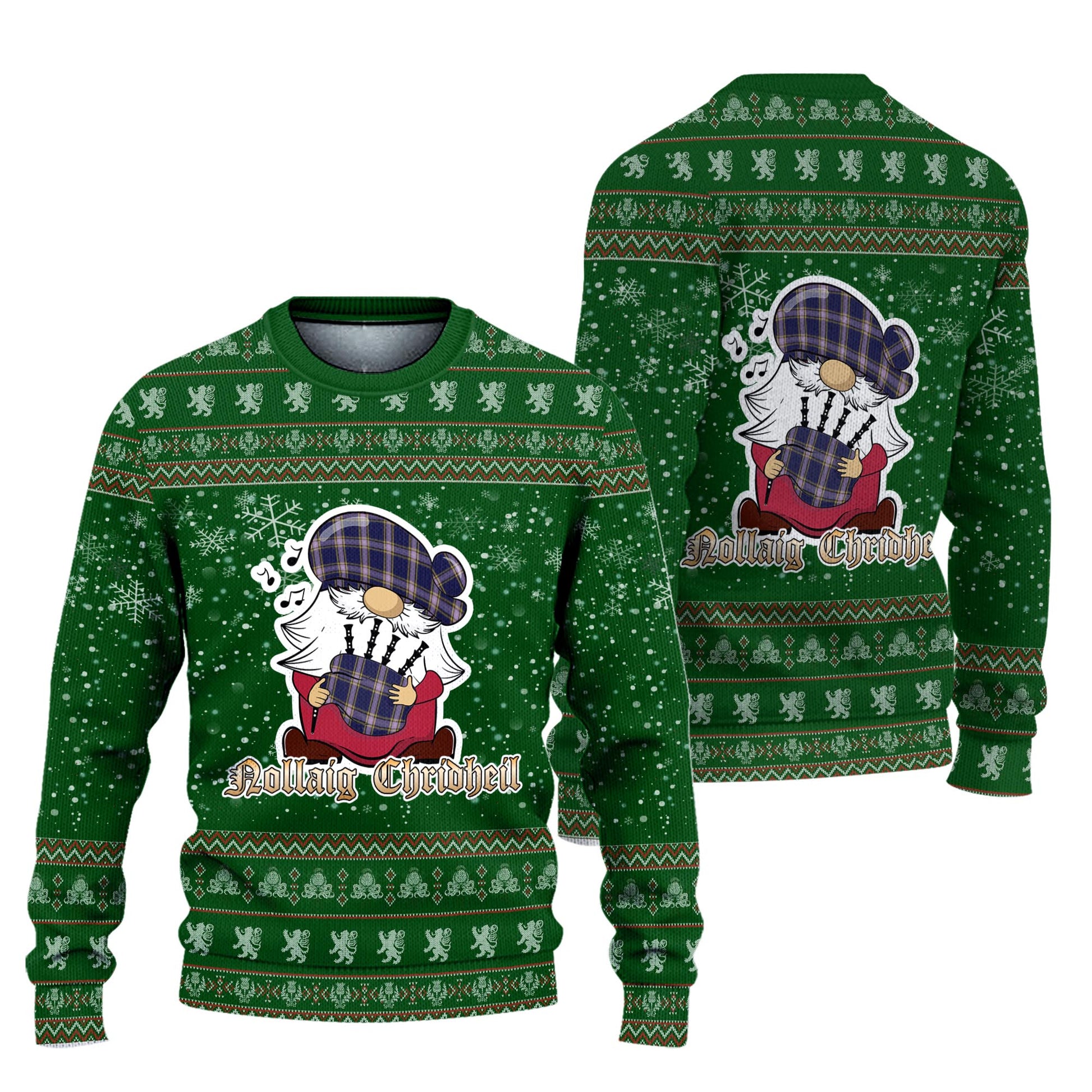 Nunavut Territory Canada Clan Christmas Family Knitted Sweater with Funny Gnome Playing Bagpipes Unisex Green - Tartanvibesclothing