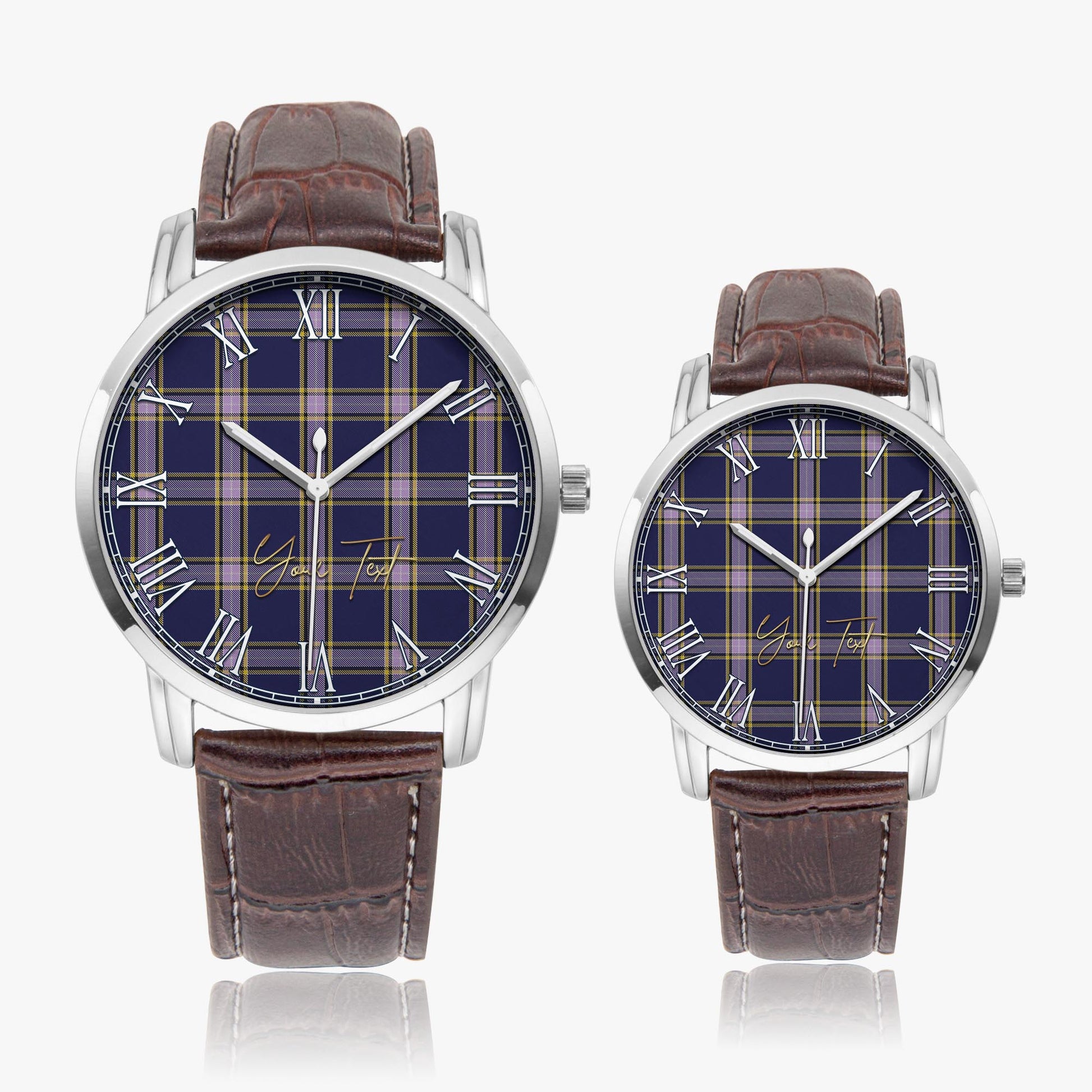 Nunavut Territory Canada Tartan Personalized Your Text Leather Trap Quartz Watch Wide Type Silver Case With Brown Leather Strap - Tartanvibesclothing