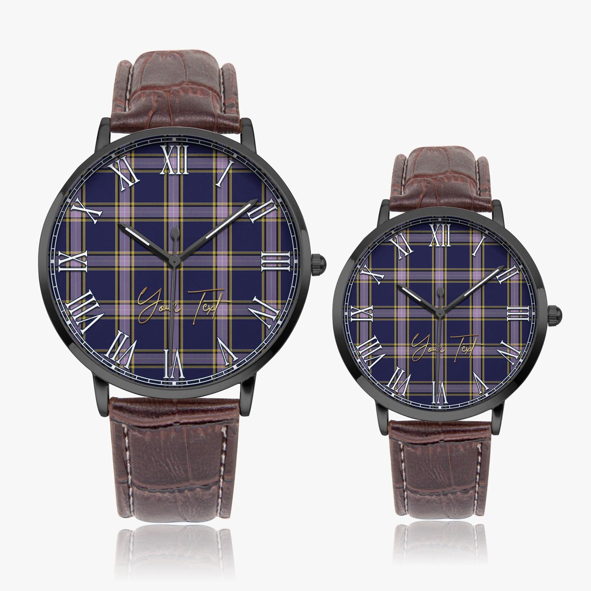 Nunavut Territory Canada Tartan Personalized Your Text Leather Trap Quartz Watch Ultra Thin Black Case With Brown Leather Strap - Tartanvibesclothing