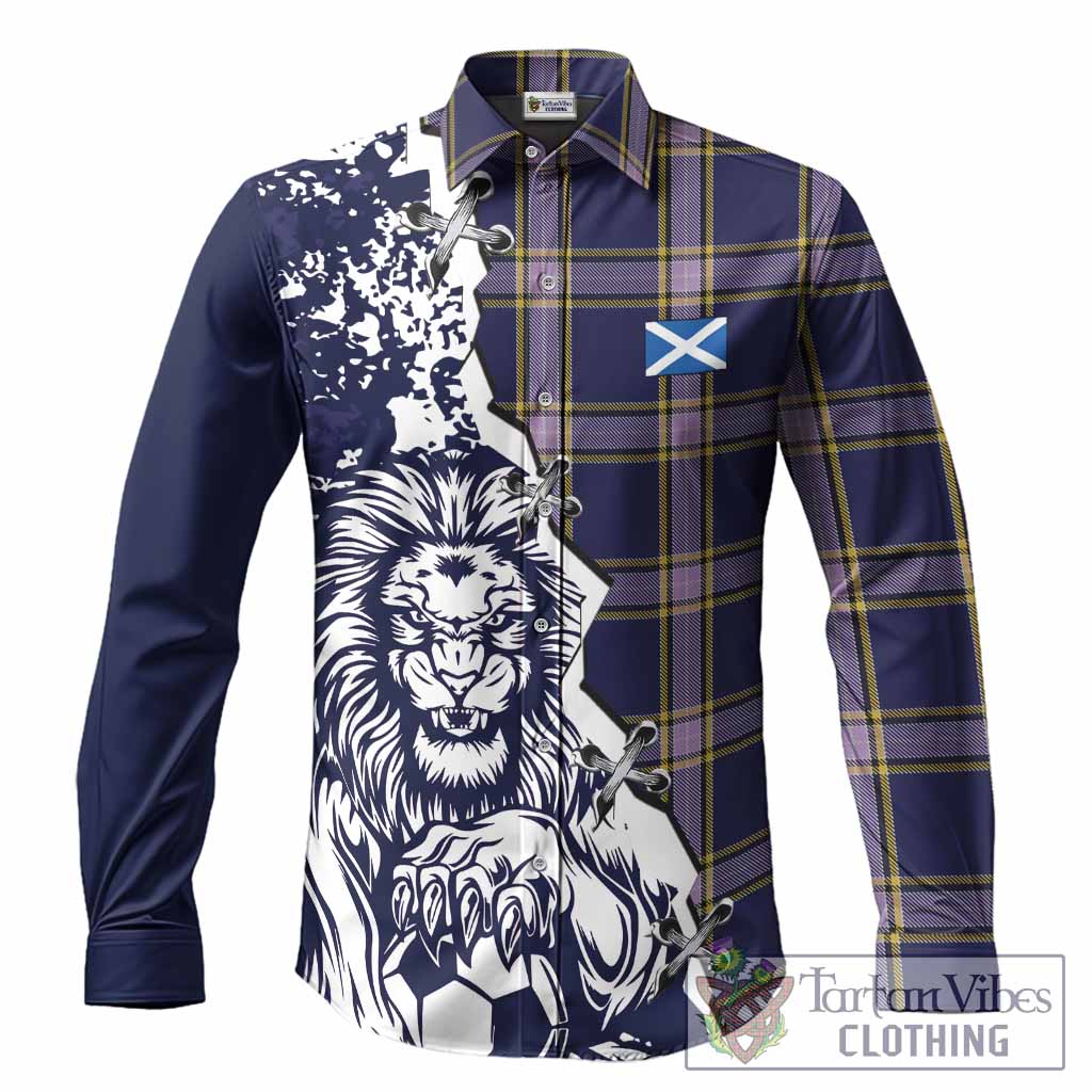 Nunavut Territory Tartan Scottish Long Sleeve Button Shirts Angry Lion With Soccer Ball Style