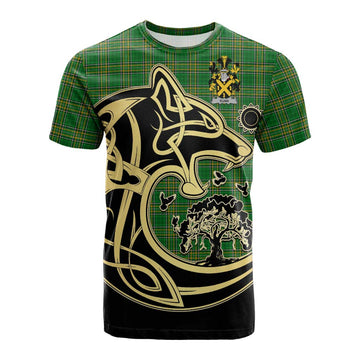 Nunn Irish Tartan Cotton T-shirt with Coat of Arms Celtic Wolf Style