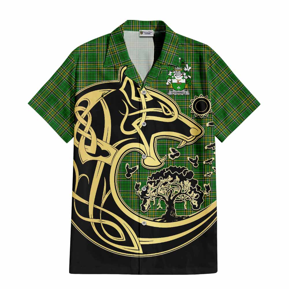 Tartan Vibes Clothing O_Connell Irish Tartan Short Sleeve Button Shirt with Coat of Arms Celtic Wolf Style