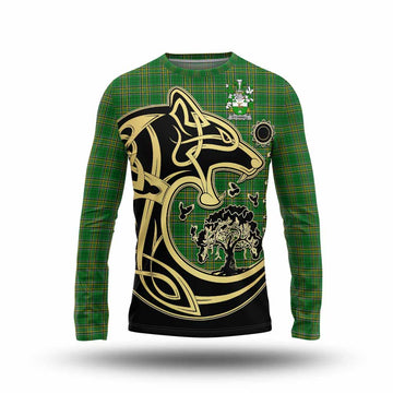 Tartan Vibes Clothing O_Connell Irish Tartan Long Sleeve T-Shirt with Coat of Arms Celtic Wolf Style